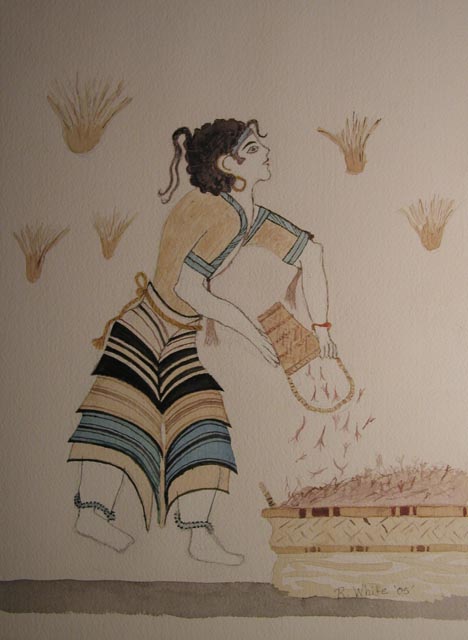 Saffron Gatherer Watercolor after Bronze age fresco excavated from Akrotiri,Thera (modern Santorini, Greece)