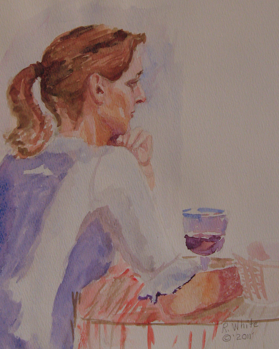 Sidewalk Cafe Watercolor painting.  Woman sitting at table with wine glass.